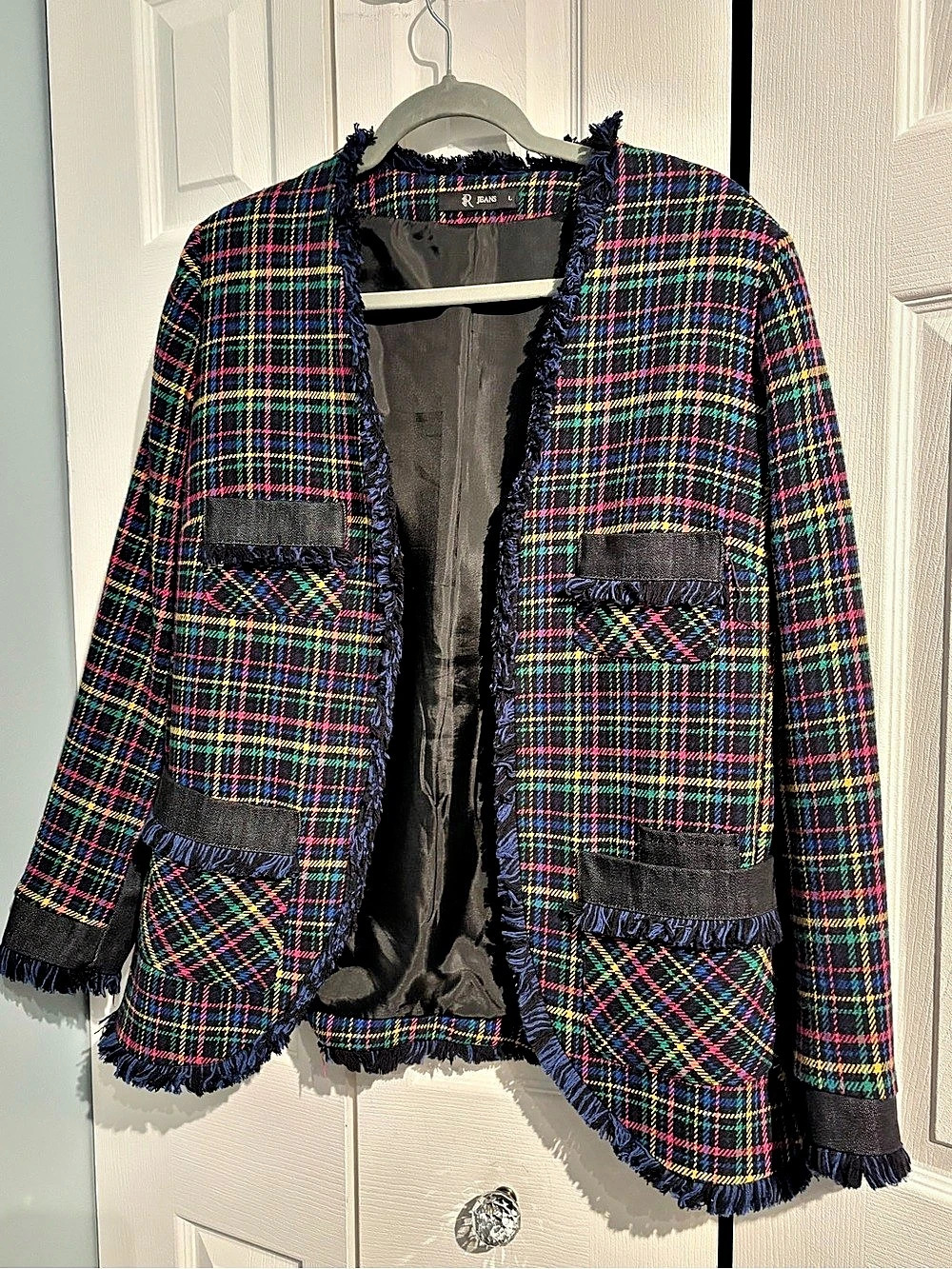 Rhinascimento Plaid Fringe Blazer in Black & Multicolor Like New